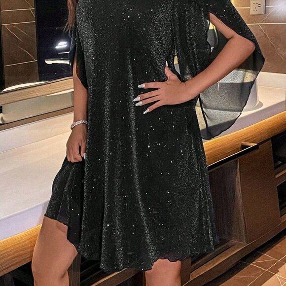 Black Party Women's Cloak Sleeve Glitter Dress - Picture 4 of 8